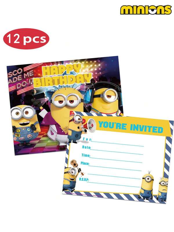 Minions 12pcs Minions Themed Holiday Birthday Party Decorations, Scenery Setup, Party Supplies Incl. Cards & Invitations