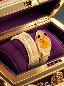 女士全新独特小众艺术蛇形钻石镶嵌精致缠绕手链蛇头石英表 - 均碼 - 查看 4