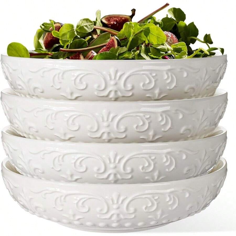 Pasta And Salad Bowls Set Of 4 White Ceramic Bowls With Brocade Flower Design 8inch Serving Bowls Microwave And Dishwasher Safe - Hoa chéo - Xem 1