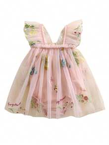 Newborn Infant Baby Girls Clothes Flower Butterfly Embroidery Sleeveless Romper Tulle Mesh Dress Toddler Bodysuit - 粉色 - 查看 4