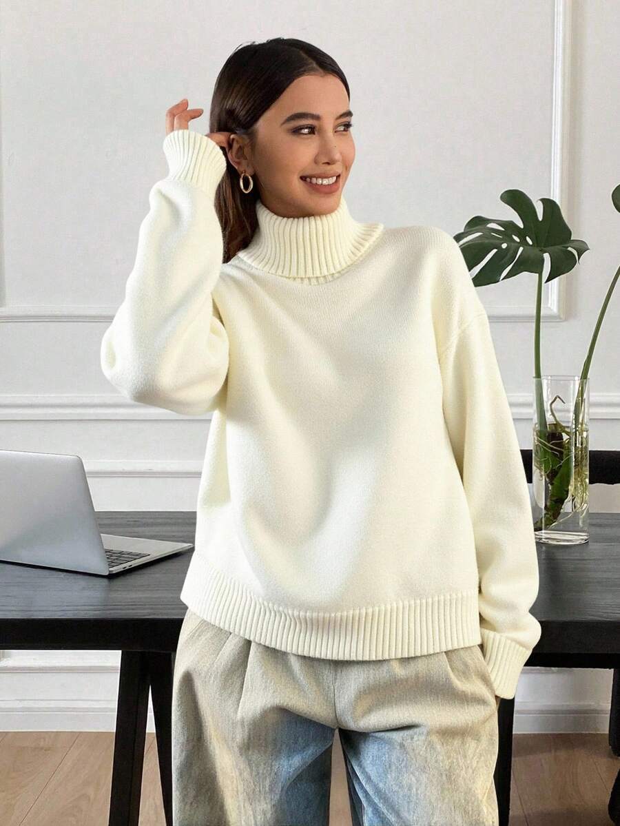 Livesso Áo len cổ lọ trễ vai, Áo len nữ dài tay dáng thường ngày mùa đông màu be, áo chui đầu trễ vai, áo len nữ, áo dài tay, quần áo nữ mùa thu - Màu be - Xem 1