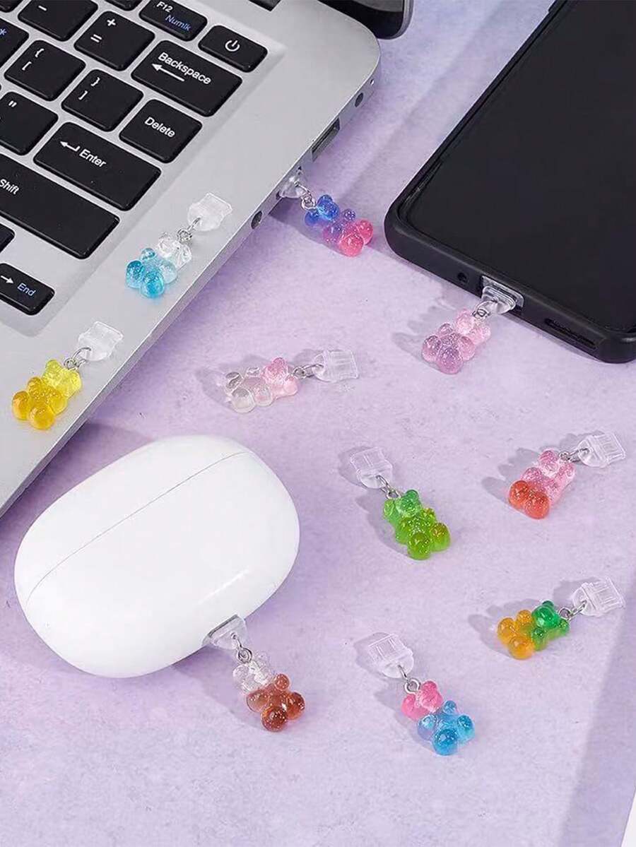 1pc Candy Bear Anti-Dust Plug, Creative Cute 3D Resin Pendant, Transparent Silicone Dust Plug Accessory For Smartphones, Tablets, Kindle, Charging Port Decor & Gift, Compatible With IPhone Lightning/Type-C, Secure & Waterproof - Multicolor - View 1