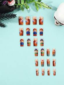 24 件中长款欧式方形万圣节稻草人美甲南瓜甘草可穿戴指甲画假指甲压指甲套装 - 配有 1 个果冻胶 + 1 个指甲锉，派对美甲，适合女士和女孩作为礼物按压指甲美甲用品指甲 - 彩色 - 查看 2