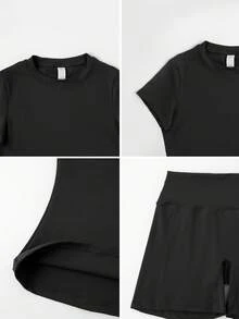 Women's Simple Solid Color Short Sleeve Shorts Sports Suit Black Summer - 黑色 - 查看 3