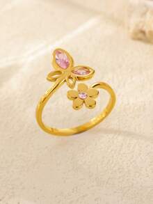 精致不锈钢蓝粉色蝴蝶花戒指，18K 镀金防褪色开口戒指，适合女士，婚礼夏季假日黄金首饰，送给妈妈/挚友的礼物