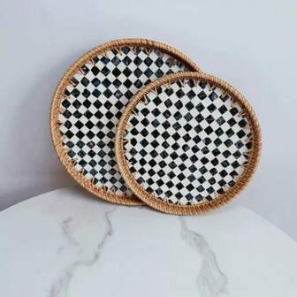 1pc Handmade Vintage Style Rattan Shell Decorative Storage Tray, Art & Crafts Serving Basket, Home Organizer Snack Tray Or Tea Plate