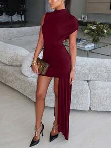 女士夏季无袖褶皱紧身迷你连衣裙，性感优雅派对短款鸡尾酒裙 - 酒紅色 - 查看 2