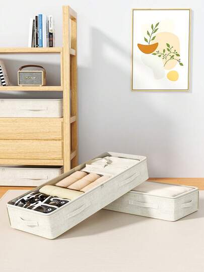 1 buah Tas Penyimpanan Bawah Tempat Tidur Katun dan Linen yang Bernapas, Tas Penyimpanan Warna Beige, Tas Penyimpanan Datar, Kotak Penyimpanan Transparan, Bawah Tempat Tidur Langsung Berubah Menjadi Ruang Ganti, Toko Mainan, Stasiun Serbaguna, Membuat Pengorganisasian Harian Lebih Menarik