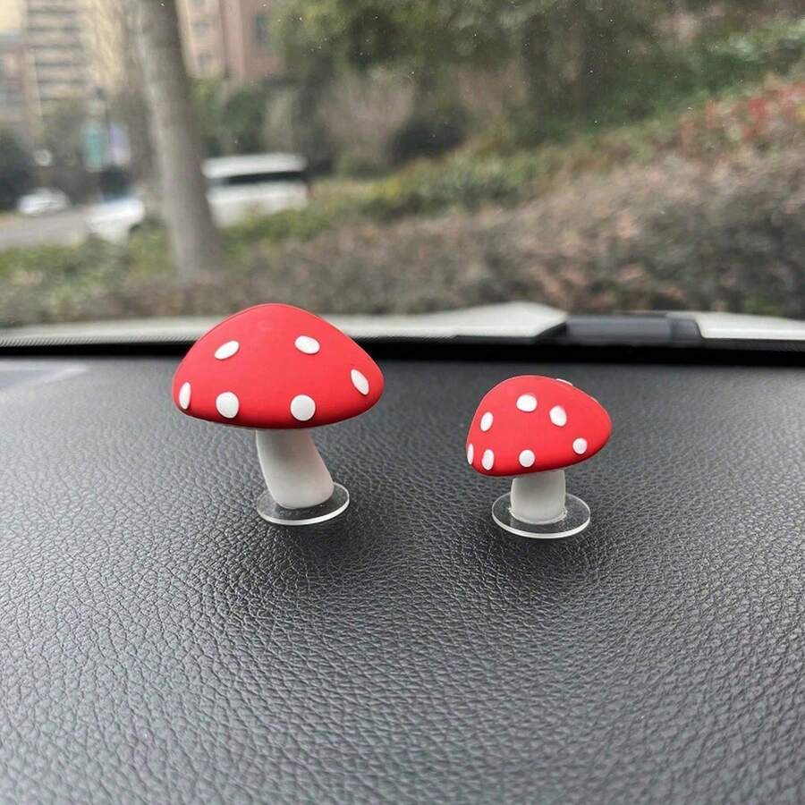 2pcs Car Decoration Soft Silicone Mushroom Shaped Ornament For Car Interior Dashboard, Rearview Mirror, Air Vent - 紅白色 - 查看 1