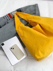 Spring & Summer New Yellow Nylon Fabric Handbag, Large Capacity Solid Color Shoulder Bag, Casual Japanese Style Tote Bag, Versatile College Student School Bag, Simple Fashion Handbag, Short Trip Travel Bag With Multi Zipper & Crescent Pocket Design - 黃色 - 查看 11