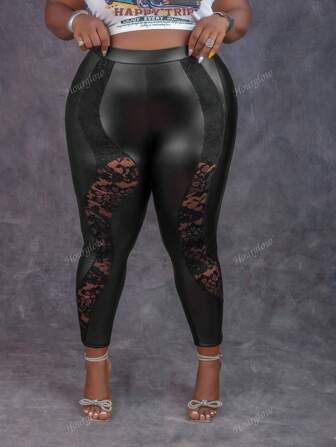 Hourglow Pantalones de mujer de talla grande de piel sintética con encaje calado, leggings sexy transparentes