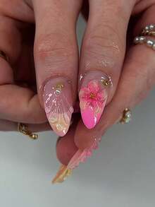 24Pcs/Set French Almond-Shape Elegant Ombre Pink-Yellow Gradient 3D Ocean Style Starfish And Water Drop Flower Press-On Artificial Nails Include 1Pc Jelly Gel And 1Pc Nail File, Add A Romantic Touch For A Sweet Everyday Or Date Look Nail Supplies Nails - Multicolor - View 2