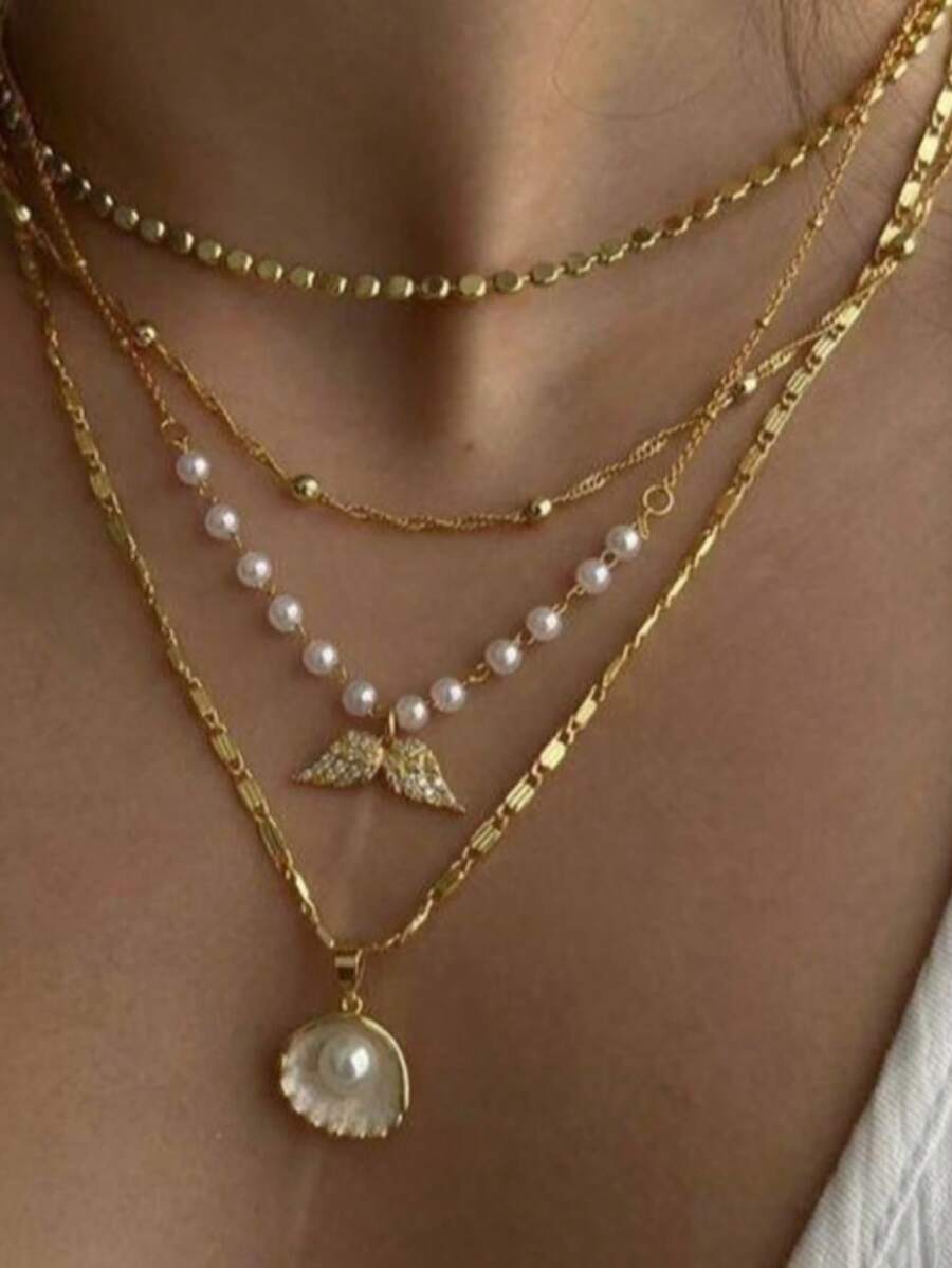 Shescity 4件套海岸风贝壳翅膀珍珠项链套装（女士款） - 金黃色 - 查看 1
