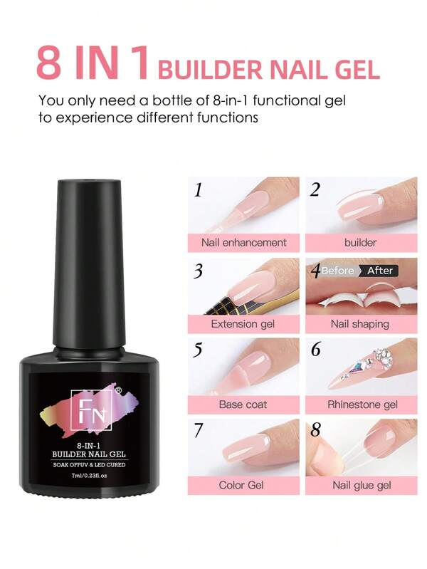 New Arrival FN 7ml 8 In 1 Base Gel Colors Gel Nal Tips Gel Extension Gel Diamond Sticking Gel No Wipe Top Coat Manicure UV LED Soak Off Function Nail Gel Varnish Strengthen Nals Reinforcement Manilcure Shaping Bulder Uv GEL For Home Salon Nail Art DIY
