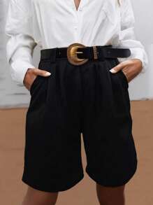 2 piezas de pantalones cortos elegantes de cintura alta y bolsillos de unicolor para mujer, uso casual y de oficina, para el verano