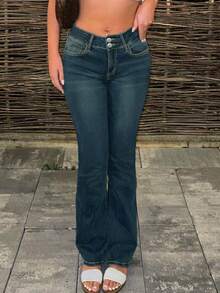 Low-Waist Retro Y2K Style Versatile Two-Button Women's Denim Flare Pants