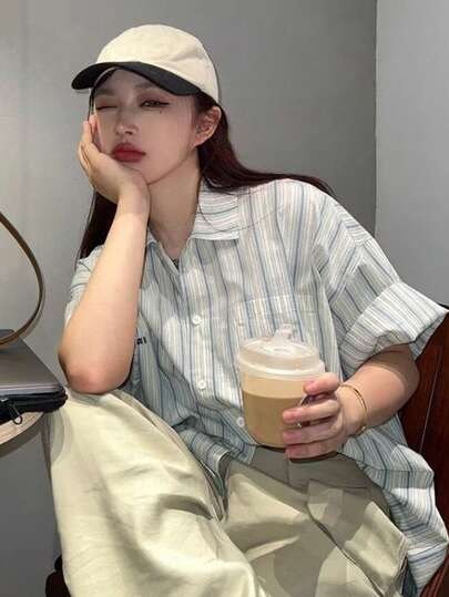 Stripe Print Short Sleeve Loose Casual Shacket