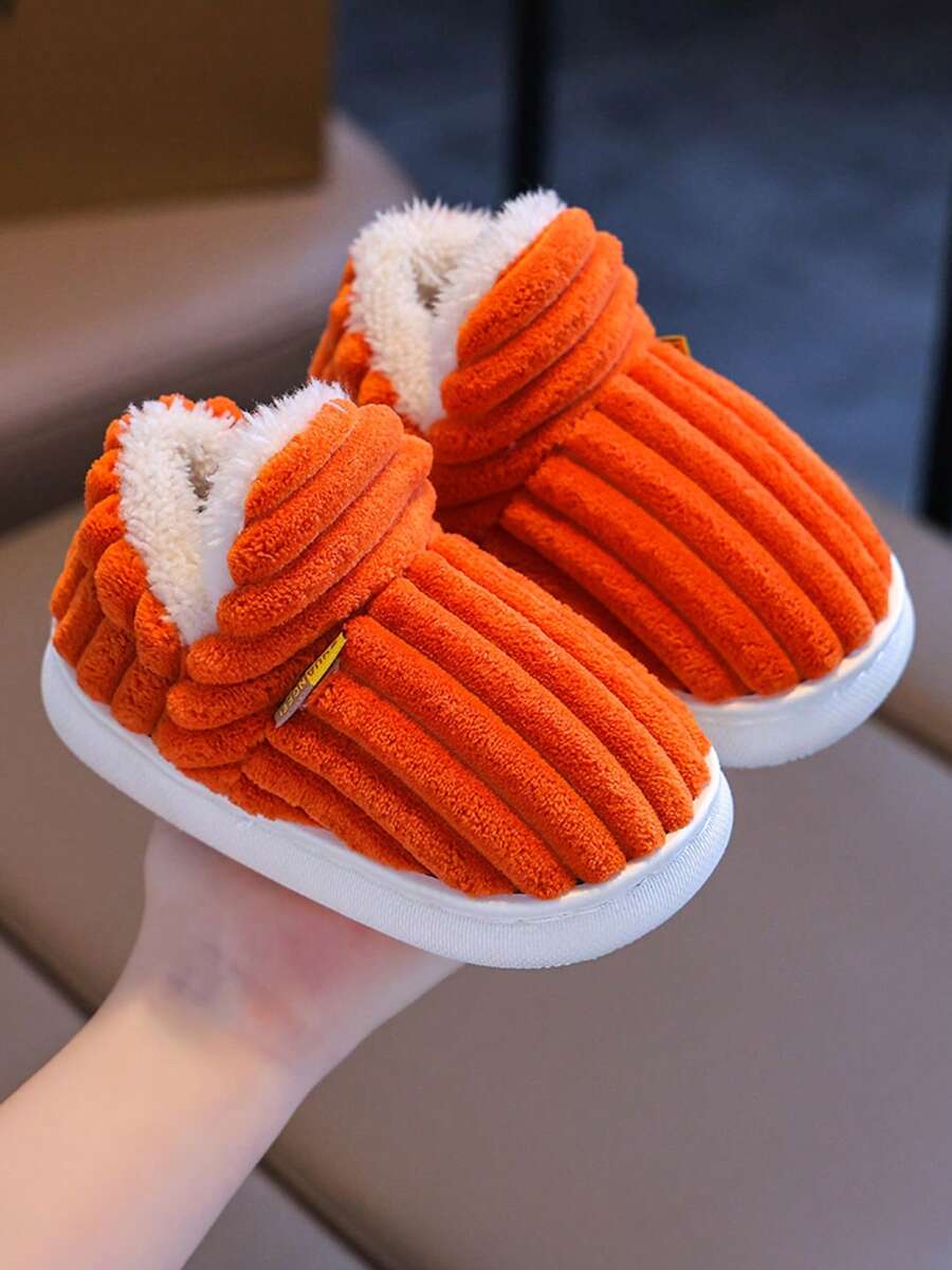 1 双儿童男童/女童休闲防滑毛绒内衬包头家居拖鞋，温暖毛绒室内拖鞋，儿童生日礼物 - 橘色 - 查看 1