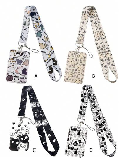 1 件白色身份证夹挂绳，带有可爱的猫咪图案，适合女性、女孩和儿童放置身份证、钥匙扣、徽章，用于学校用品、返校
