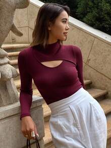 Livesso 纯色镂空半高领毛衣、长袖上衣、秋季女装