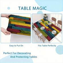 1pc Retro Wood Grain Patchwork Tablecloth, Natural Style, Elastic Edges, Easy To Clean, Suitable For Family Gatherings, Outdoor Picnics, Themed Parties, Indoor/Outdoor Use