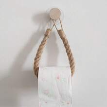 1pc Wall Mounted Jute Rope Toilet Paper Holder, No Drilling Toilet Jute Rope Paper Towel Rack, Kitchen Wall Mounted Paper Towel Holder With Hook, Suitable For Replacing Roll - Modern Home Stylish Bathroom Accessory - Brown - View 2