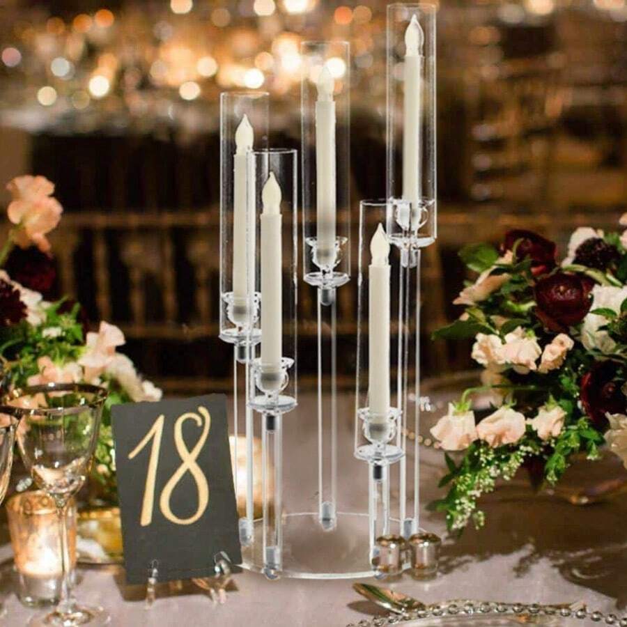 1pcs Elegant Clear Acrylic Candelabra Centerpieces,5-Arm Design With Shades, Perfect For Weddings Special Occasions, Durable, Lightweight, Fits 0.8" LED Candles (Candles Not Included),Candle Holders For  Party, Ceremony, Anniversary,Room Decor,Home Mother's Day Decoration - trong suốt - Xem 1