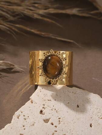 Merlard Khaki Elegant Retro Women Stainless Steel Open Ring - Sun Shape Design With Cat's Eye Stone Accent, Luxurious Wedding/Engagement Ring, Unique Party Accessory Or Gift