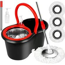 Spin Mop And Bucket With Wringer Set, 360° Spinning Mop Bucket System With 3 Microfiber Mop Replacement Heads And 61" Stainless Steel Adjustable Handle For Floor Cleaning (20QT) - màu đen - Xem 2
