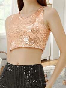 Women Sequin Tank Tops Slim Sparky Round Neck Sleeveless Showing Navel Crop Vest  Summer Streetwear - 香檳色 - 查看 5