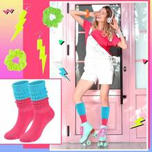 Neon Slouch Socks For Women Knee High With Scrunch Detail And Matching Neon Earrings Scrunchies Set For 80s 90s Retro Parties - 玫紅色-藍色 - 查看 9