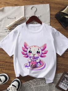 3件装少女蝾螈卡通印花休闲短袖T恤，年轻学生夏季上衣，孩子们喜欢 - 彩色 - 查看 4