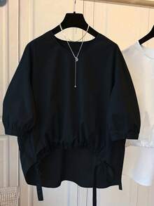 女士纯色圆领灯笼袖前短后长下摆休闲衬衫 黑色 夏季 - 黑色 - 查看 3