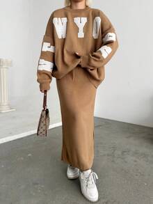 Button Detailed Skirt Set, Solid Color Casual Split Ribbed Button Co-Ord Set For Home Wear - Camel - View 3