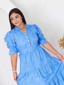 Women's Fashion Midi Dress In 3D Laise Fabric With Elastex On The Back And Button On The Front And Lining - 3d 藍色 - 查看 2