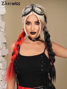 7JHH WIGS Tóc giả tết bím dài hai tông màu đen và đỏ tinh nghịch dài 28 inch - Tóc giả bằng sợi tổng hợp chịu nhiệt cao cấp, tóc giả hóa trang Punk Rock dành cho nữ và bé gái, hóa trang thành nhân vật phản diện trong truyện tranh Halloween và sử dụng trong tiệc theo chủ đề - Đỏ - Xem 2