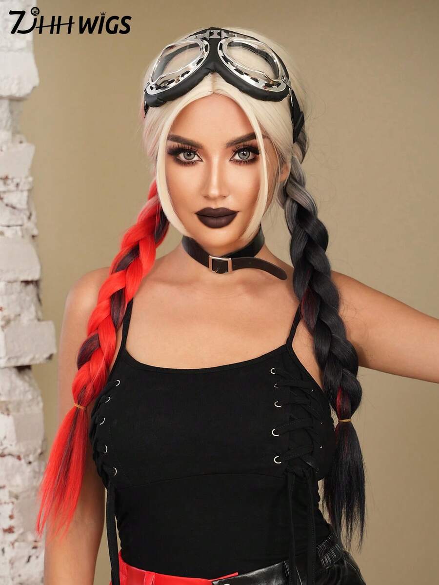 7JHH WIGS Tóc giả tết bím dài hai tông màu đen và đỏ tinh nghịch dài 28 inch - Tóc giả bằng sợi tổng hợp chịu nhiệt cao cấp, tóc giả hóa trang Punk Rock dành cho nữ và bé gái, hóa trang thành nhân vật phản diện trong truyện tranh Halloween và sử dụng trong tiệc theo chủ đề