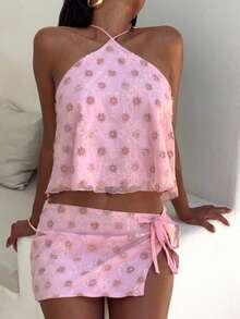 Women Summer Fashion Sleeveless Polka Dot Tie Hanging Neck Set Top + Shorts Club Seaside Tank Top Short Skirt Set - Hồng - Xem 4