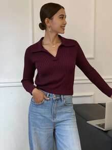 Livesso 女士休闲修身高领长袖毛衣，适合秋冬，长袖上衣，秋季女装 - 酒紅色 - 查看 1
