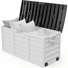 Caja de almacenamiento para exteriores de 75 galones, contenedores de plástico con tapa con cierre, muebles de caja de cubierta para jardín, piscina, balcón, patio - Blanco - Ver 2