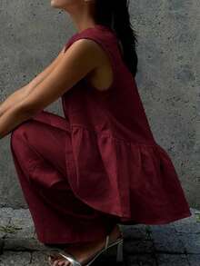 2 件大码女士休闲亚麻西装套装，适合商务休闲、音乐会、日常穿着、春夏秋 - 酒紅色 - 查看 4