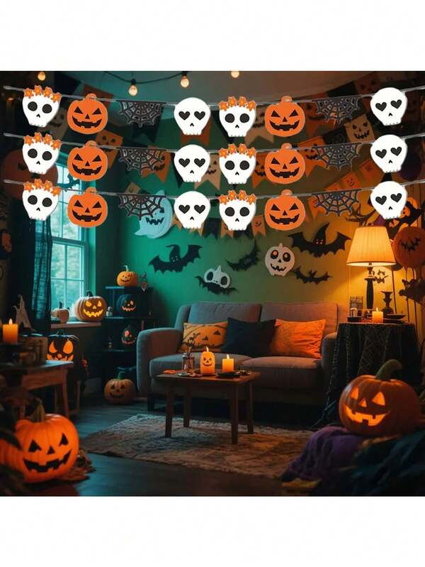 1pc/5pcs-Halloween Decoration Hanging Flag, Paper Skull Pumpkin Spider Web Hanging Flag, Family Gathering, Restaurant, Party Activities, Haunted House, Shopping Mall Decoration Hanging Flag. Halloween Ghost Festival Party Decoration, Pumpkin Spider Web Skull Hanging Flag