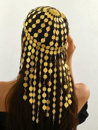 1pc Middle Eastern Vintage Palace Coin Face Mask, Belly Dance Face Chain, New Creative Headpiece, Gold Alloy Coin Tassel Headband, Middle Eastern Popular Headdress Valentine's Day Accessories