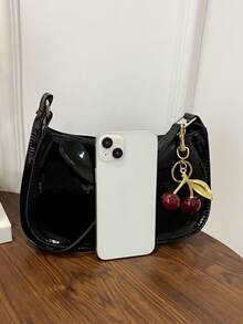 Bolso de hombro con cremallera de unicolor y minimalista, bolso en forma de media luna de moda, bolso de hombro con cremallera de piel sintética de unicolor, monedero de color borgoña, bolsa - Negro 3 - Ver 9