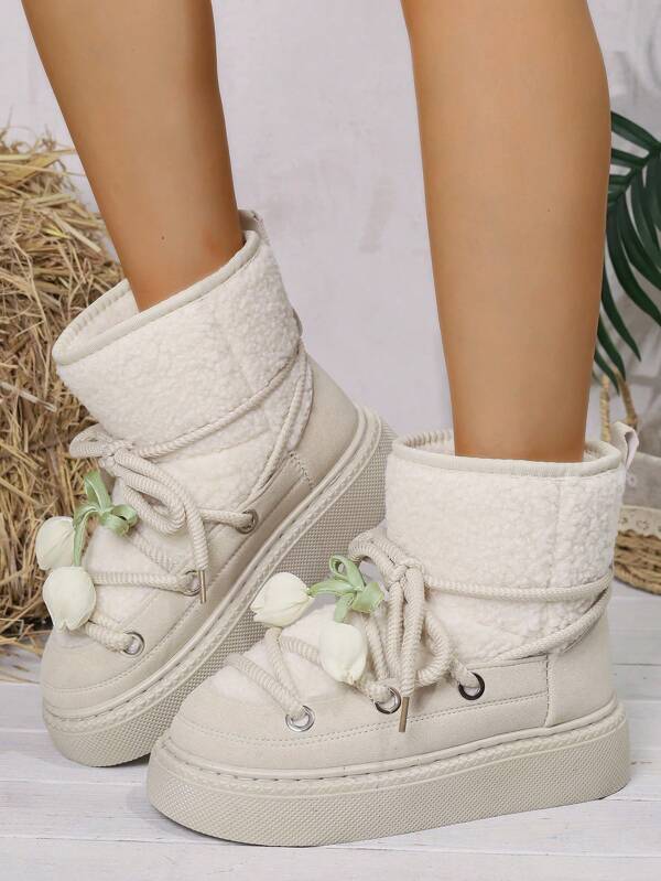Botas de nieve para mujer de suela gruesa antideslizante, con cordones, puntera redonda, forro de felpa cálido, de moda y cómodas, para uso casual en exteriores en otoño/invierno, color beige