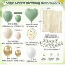 鼠尾草绿色气球花环拱门套件，配有沙白色金属金色乳胶气球和生日快乐欢迎宝宝横幅，1*2 米流苏窗帘，适用于 13 16 18 21 30 40 岁生日迎婴派对装饰 - 混色(如圖) - 查看 4