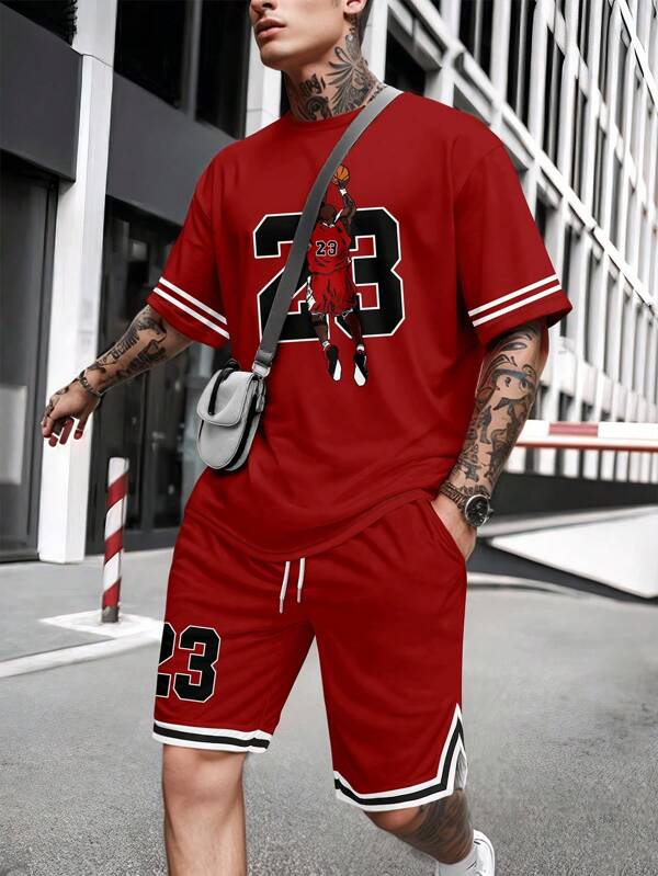 Conjunto de camiseta de manga corta de cuello redondo y pantalones cortos estampados para hombre, nueva colección de verano 2025