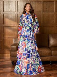 Faeriesty Đầm maxi in hoa rực rỡ, thanh lịch với họa tiết trái cây và hoa - Chất liệu chiffon nhẹ, lý tưởng cho các buổi tiệc sang trọng, sự kiện thảm đỏ và tiệc chiêu đãi trang trọng, đầm dự tiệc, đầm dạ hội, đầm dự đám cưới, đầm du lịch. - Màu xanh lam - Xem 4
