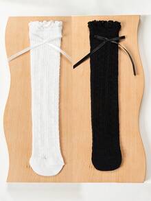 2双装儿童过膝袜，女童网眼袜，白色、黑色、纯色、荷叶边、蝴蝶结、波点、条纹、直筒筒袜，可爱公主风、学院风，春夏秋季均适用，适合日常穿着、派对、公主袜、假期、返校季，精致可爱，百搭，可搭配平底鞋、运动鞋、乐福鞋，返校季、学生、新学期、开学、教室 - 彩色 - 查看 2