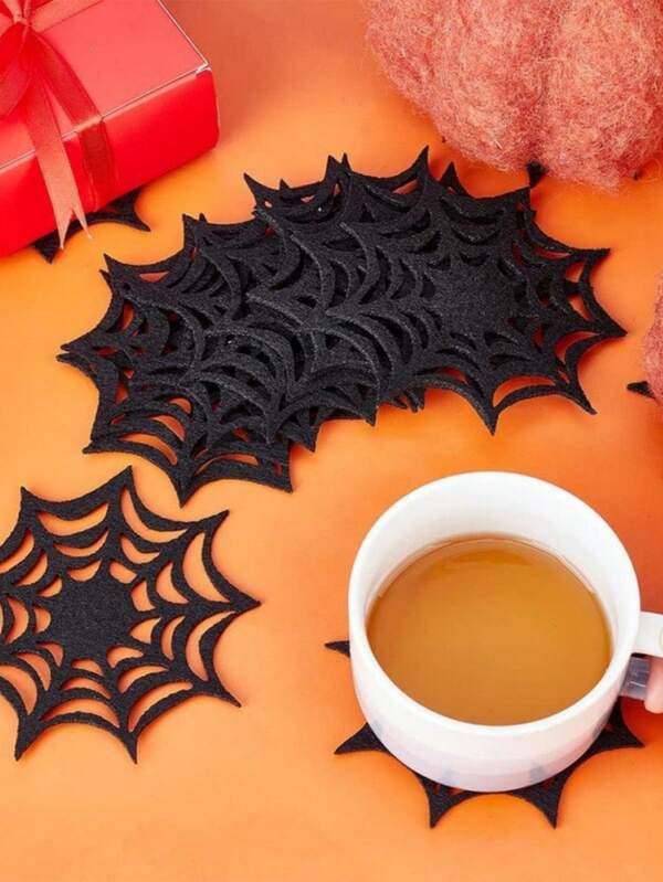 6/12 piezas Posavasos con diseño de tela de araña de Halloween, posavasos decorativos de fieltro, decoración de mesa para fiestas de vacaciones